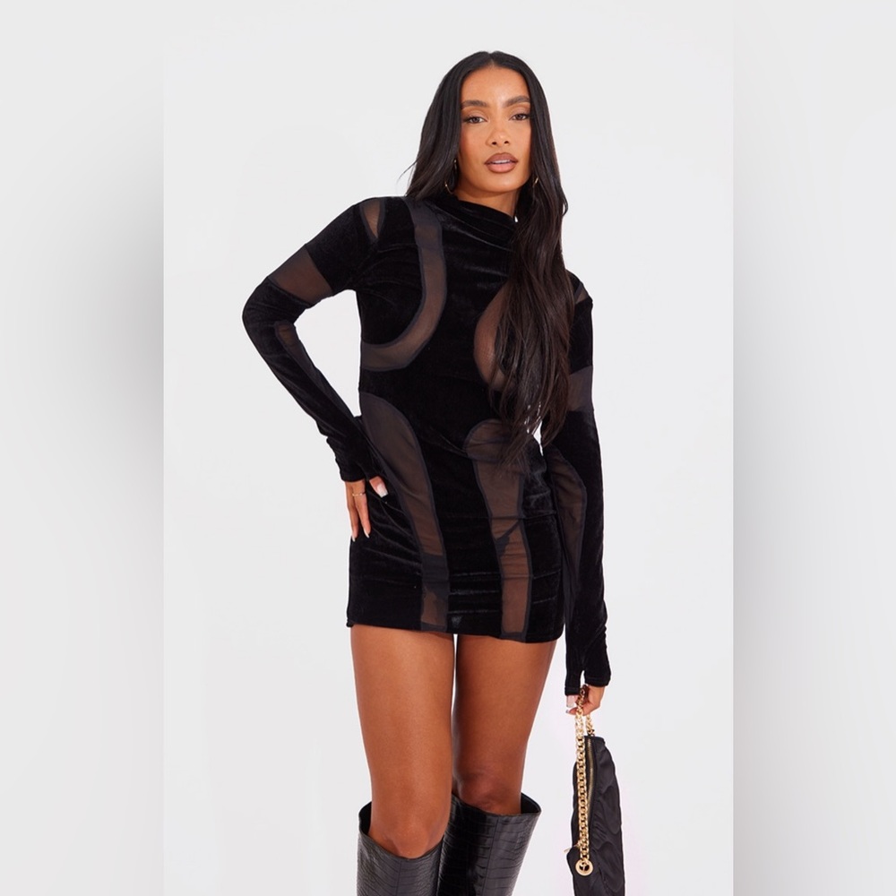 PLT Black Velvet Mesh Insert Long Sleeve Bodycon Dress